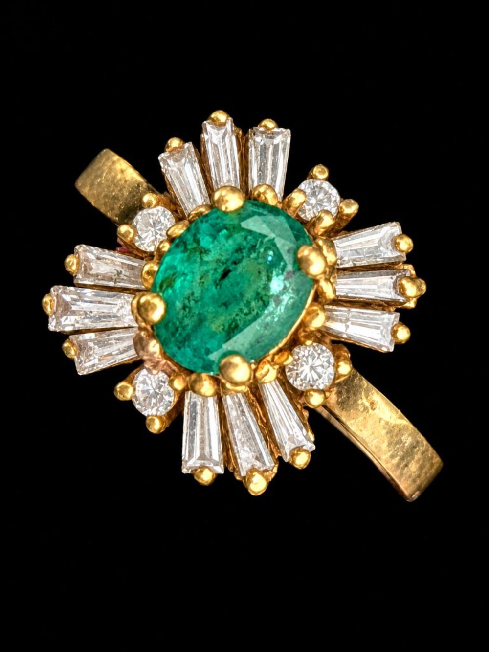 Vintage Emerald Natural Diamonds 14k Yellow Gold Ballerina Ring Baguette & Round